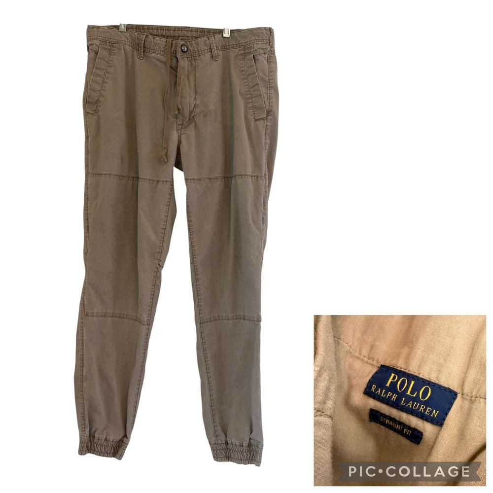 Polo Ralph Lauren Khaki Straight Fit Jogger Pants Drawstring Tan Fits 34/31 READ